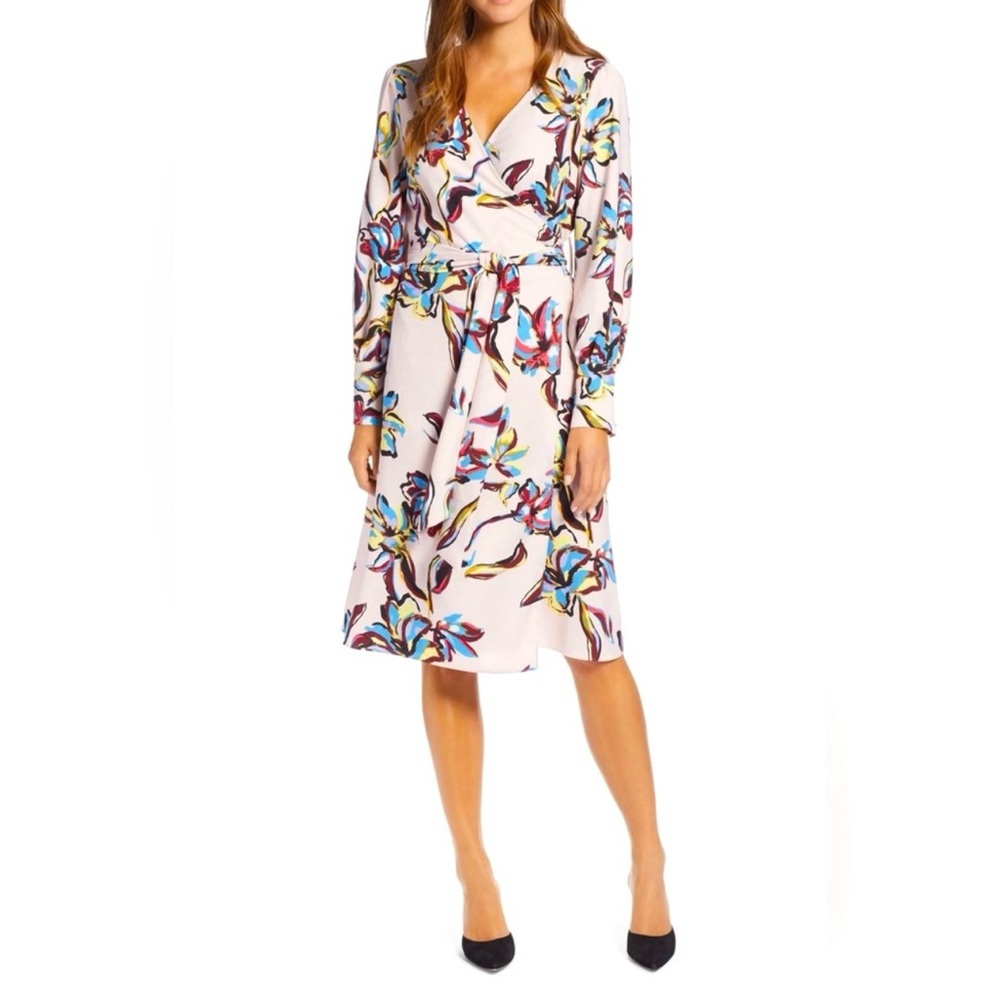 Halogen Long Sleeve Floral Print Wrap Dress